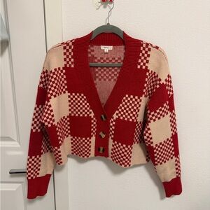 Red & Cream Checkerboard Cropped Cardigan